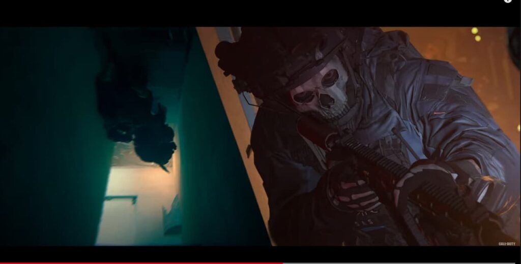 Imagem reprodução do trailer com um contraterrorista de Modern Warfare II.