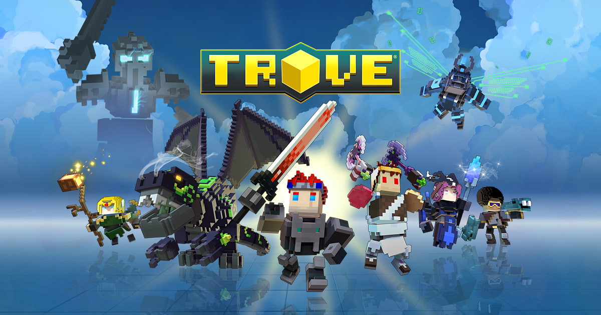 The image shows the cover of the game Trove containing some classes of the and also some enemies. 
