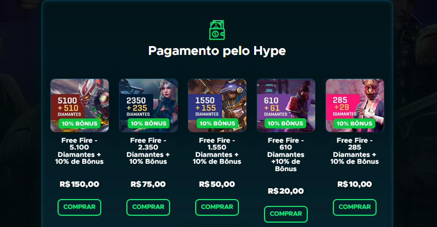 Imagem site Hype Games com promoções para diamantes Free Fire