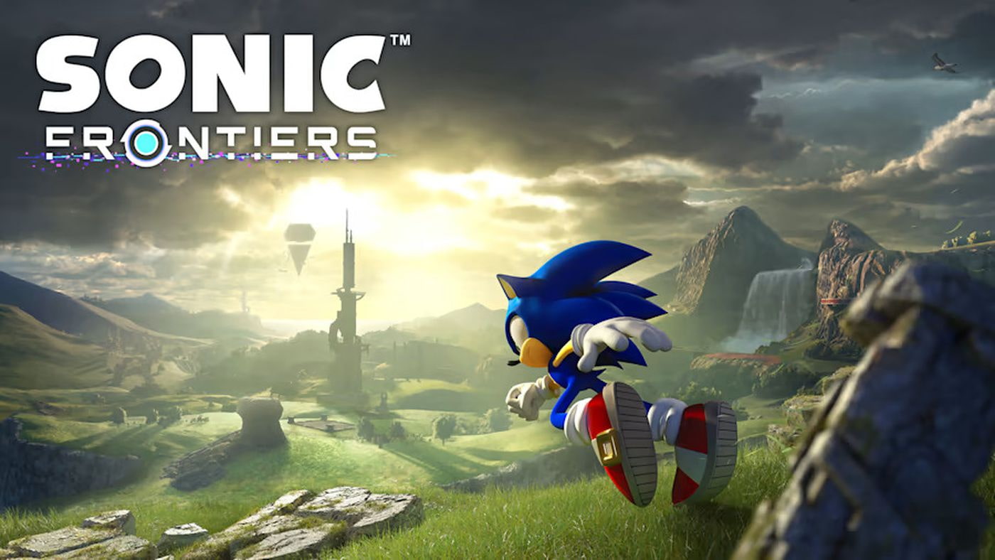 A imagem mostra o personagem Sonic correndo em um campo aberto, com uma grande construção que lembra uma torre ao fundo. No lado superior esquerdo está escrito Sonic Frontiers em letras grandes.