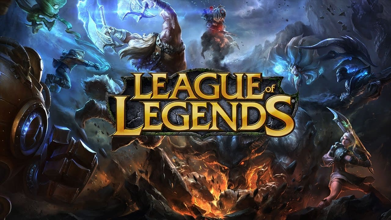 A imagem mostra diversos campeões prestes a enfrentarem-se, com o logo do league of legends ocupando a parte central da tela.