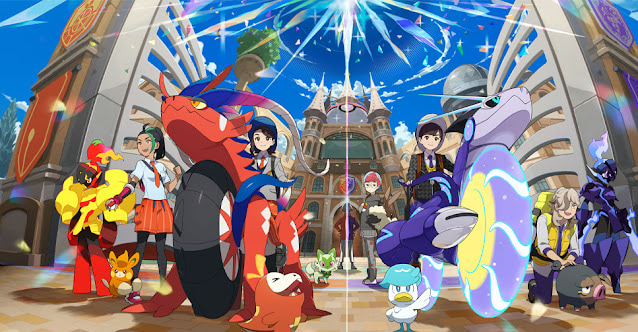 A imagem mostra os dois personagens e pokémons de destaque do jogos Pokémon Scarlet & Violet