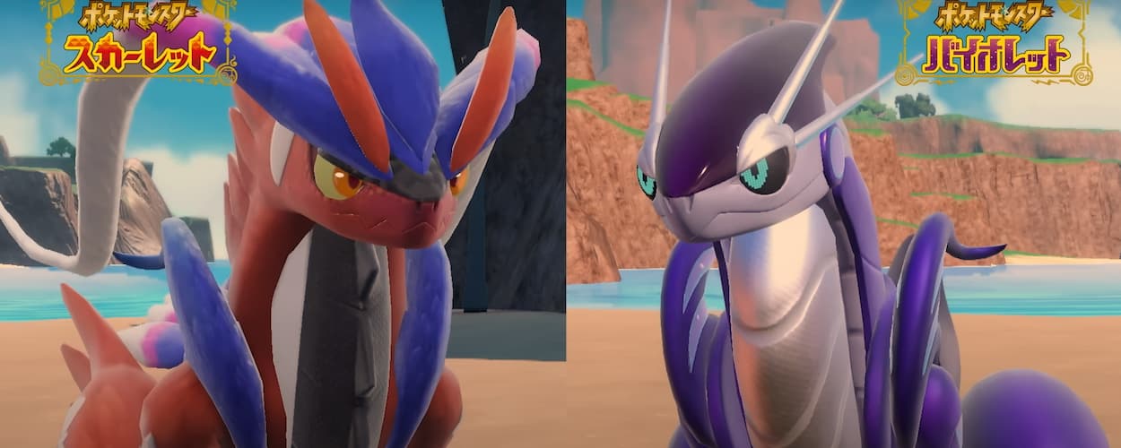 Comparativo com Pokémon Violet de um lado e Scarlet do outro