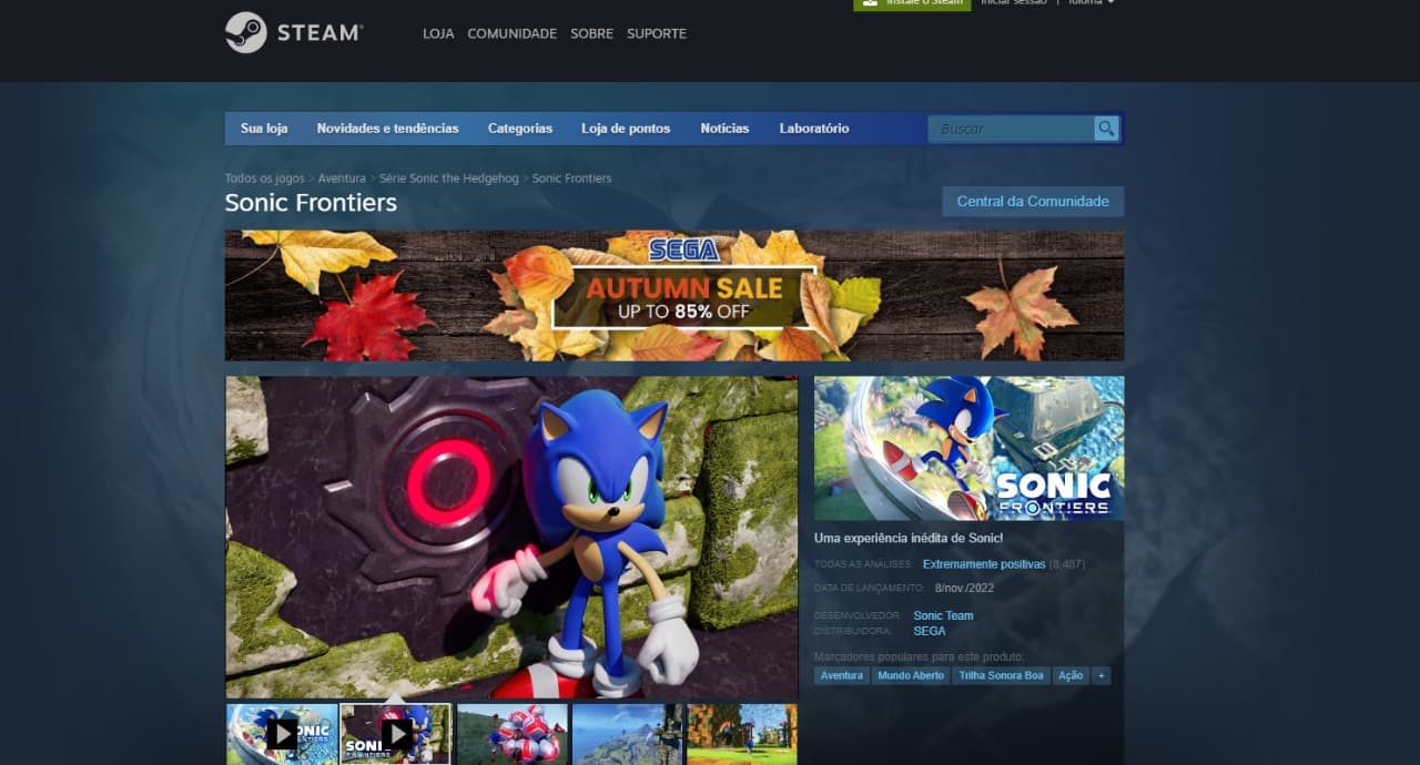 Captura da tela da plataforma Steam para o jogo Sonic Frontiers