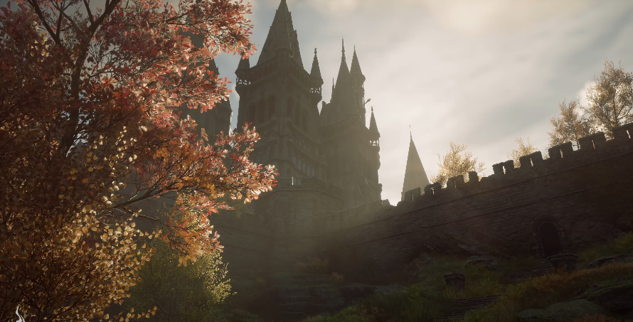 Imagem castelo com muralha no outono em Imagem Reprodução Hogwarts Legacy