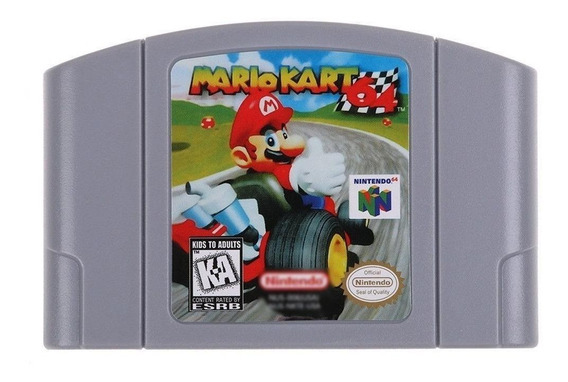 A imagem mostra um cartucho do jogo antigo Mario Kart 64