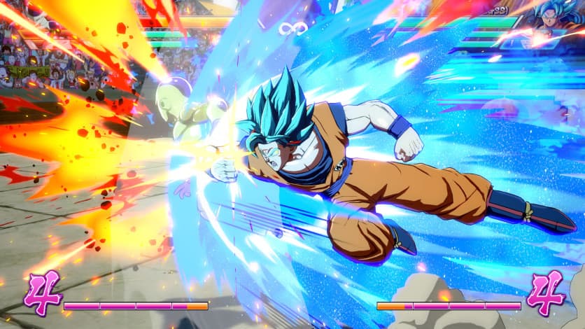 A imagem mostra uma cena de luta do jogo Dragon Ball Z FighterZ