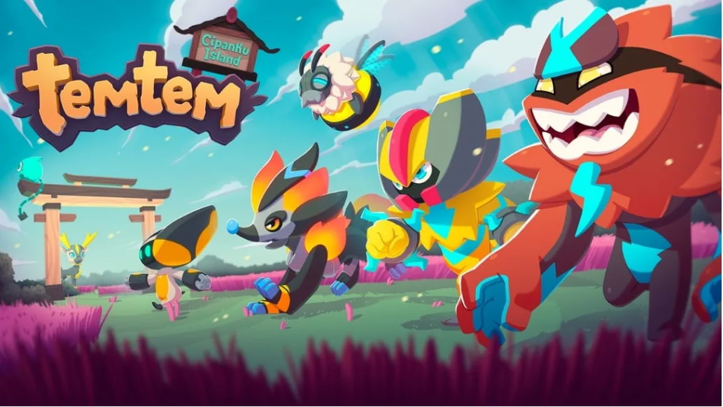 Imagem de Capa do jogo TemTem, com varias criaturas do jogo lado a lado