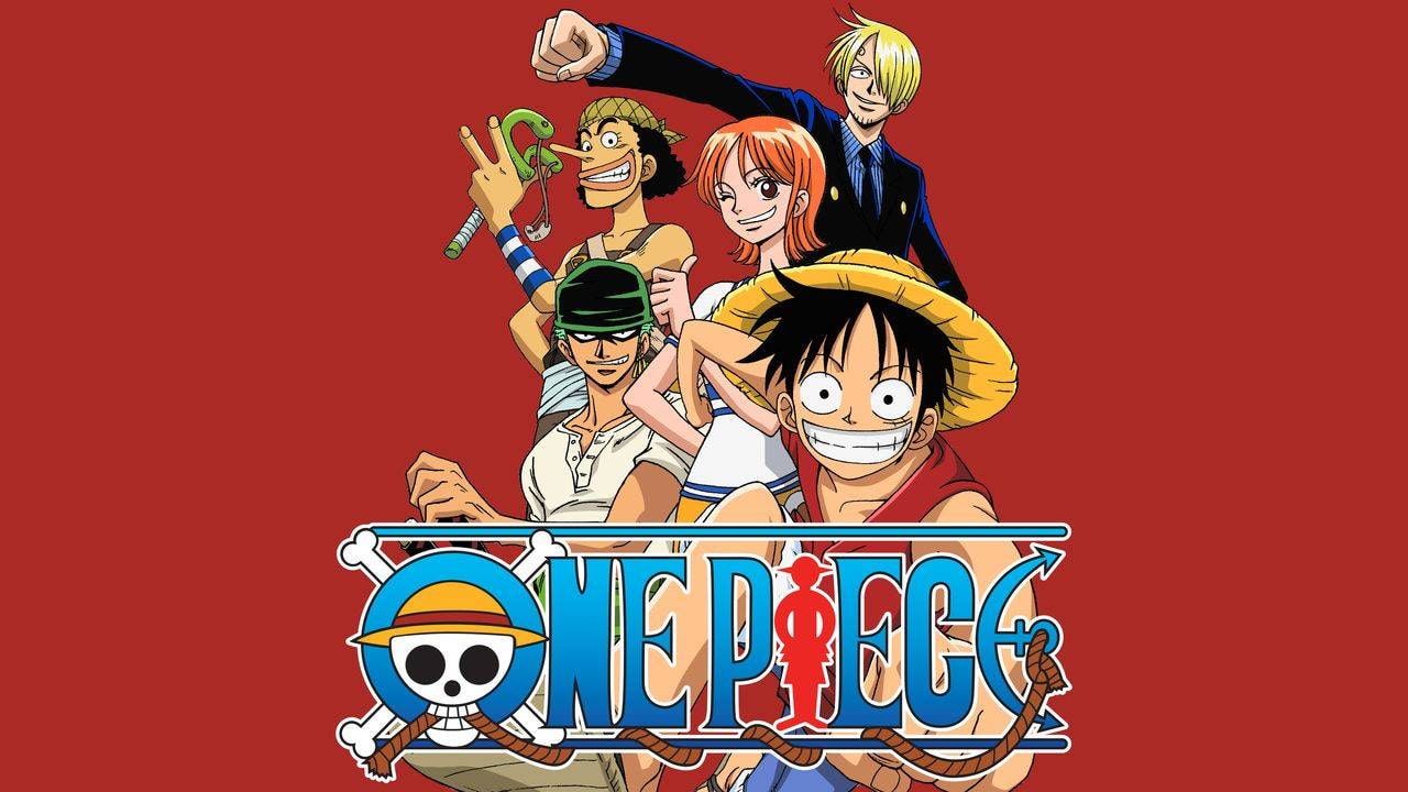 A imagem mostra os personagens do anime One Piece com o logo do mesmo abaixo.