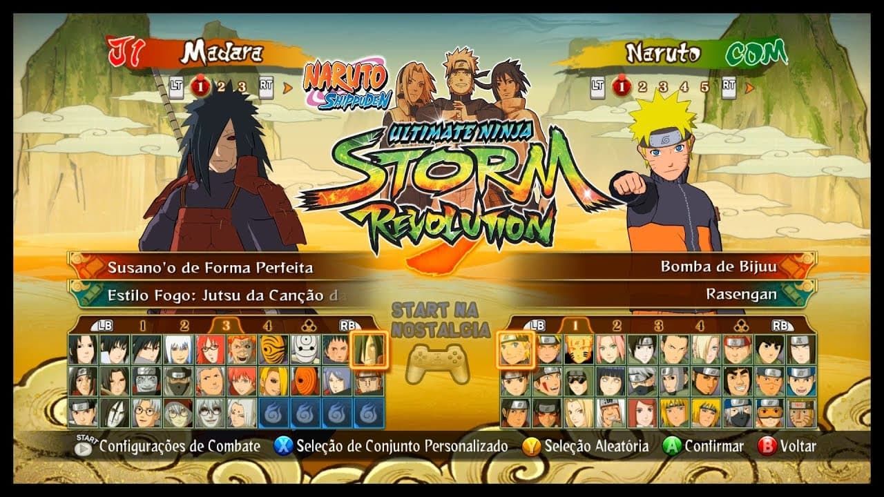 A imagem mostra a seleção de personagens do jogo Naruto Ultimate Ninja Storm Revolution