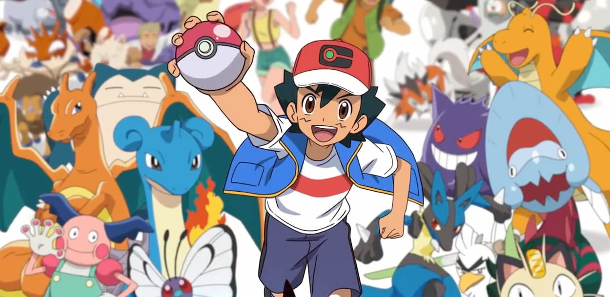 Pokémon Nintendo Ash com Pokébola e vários Pokémons ao fundo