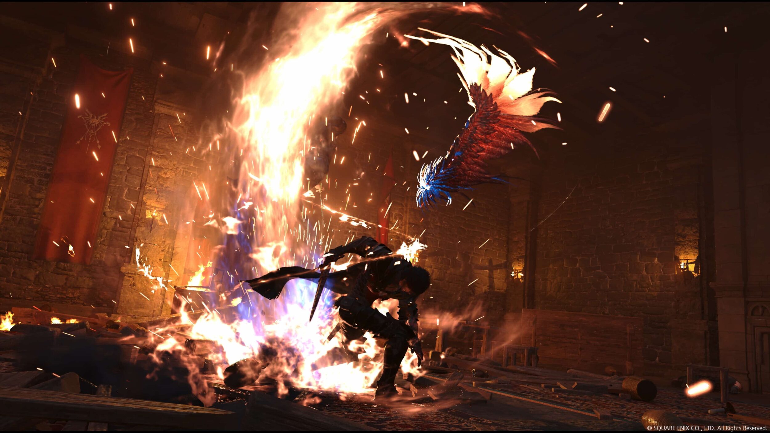 Cena de batalha mostrando Clive em chamas