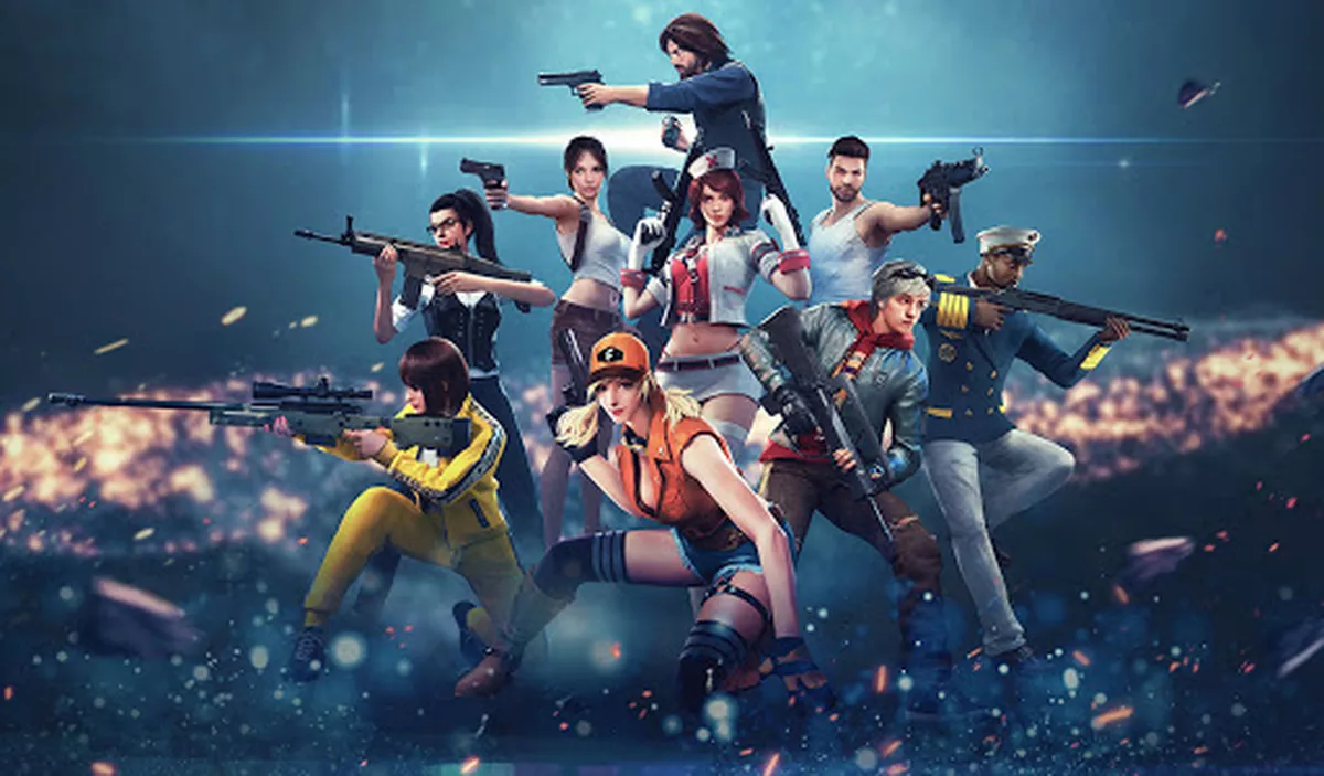 Banner Free Fire com personagens em diversas roupas do game