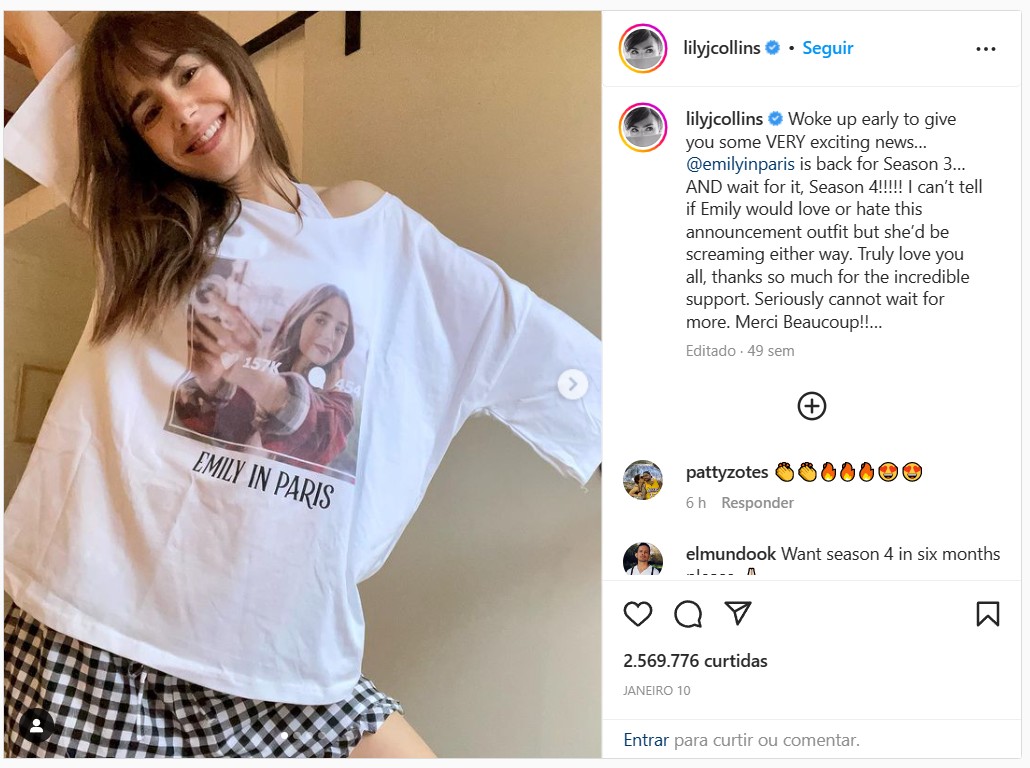 Foto de Lily Collins divulgando a quarte temporada de Emily em Paris no seu instagram