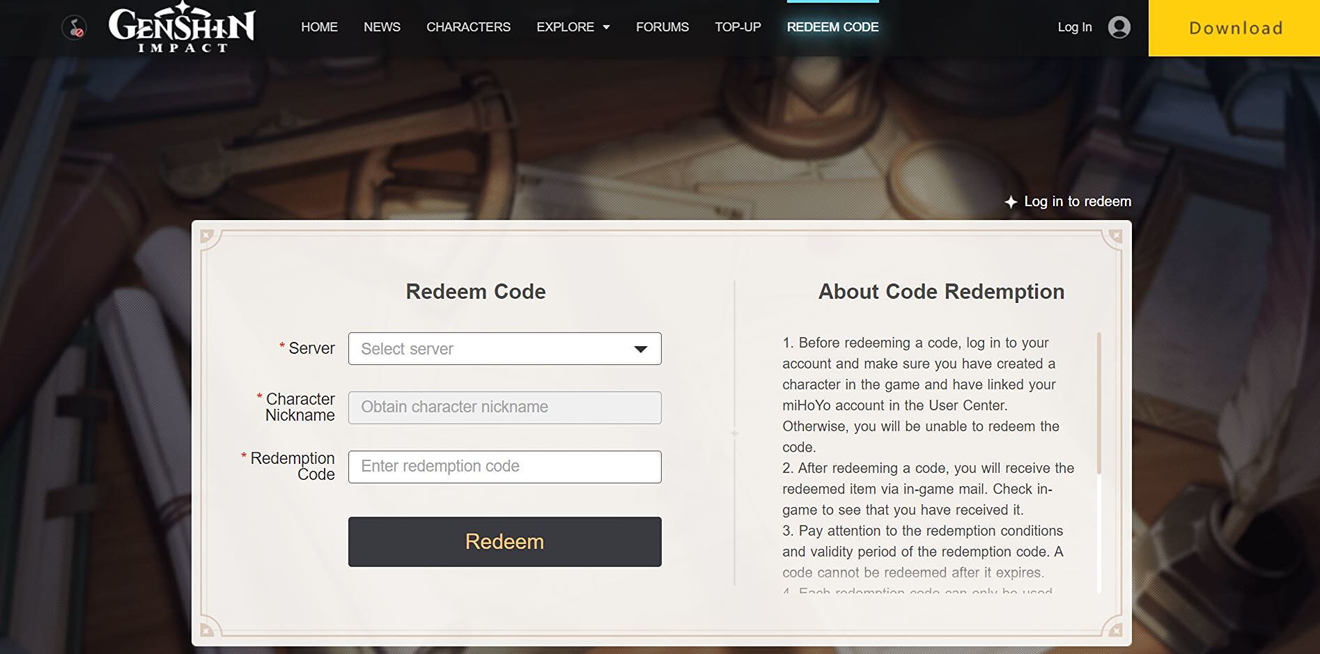 Imagem do site mostrando a aba de "Redeem Code"