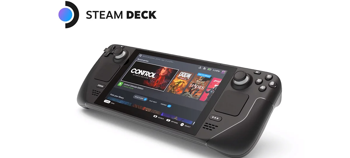 Banner de divulgação Steam Deck, computador portátil da Valve.