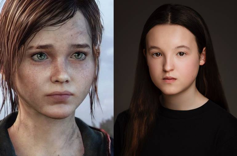Imagem comparando Ellie e a atriz Bella Ramsey que interpretará a personagem na adaptação da HBO