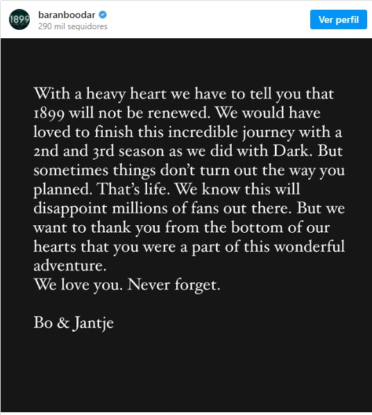 Captura de tela do post de cancelamento de 1899, da Netflix, feito pelos criadores.