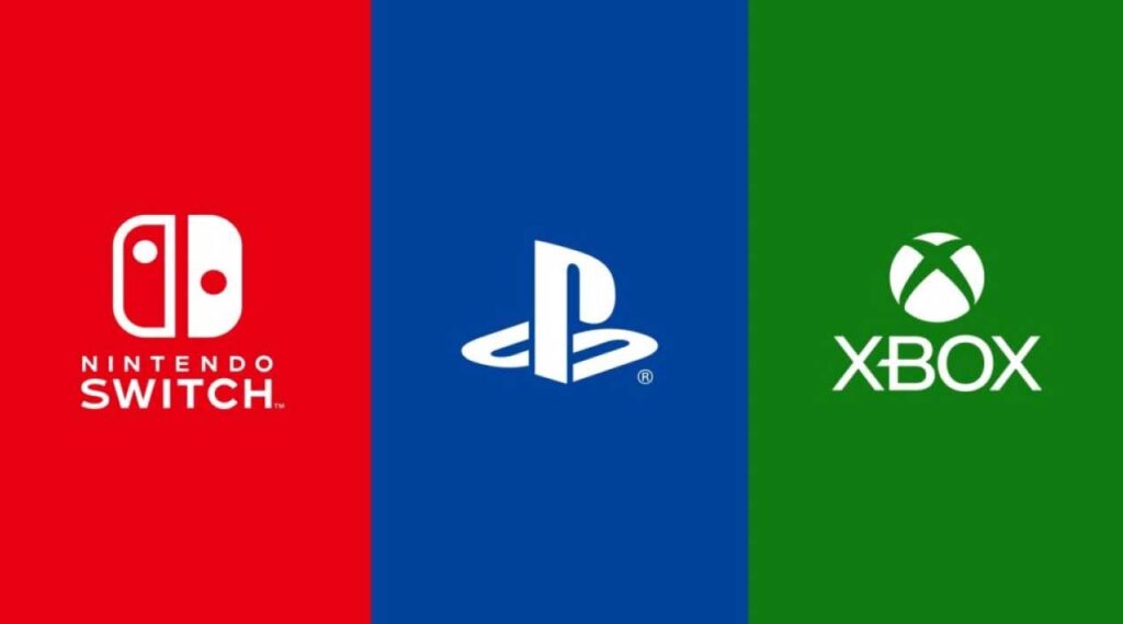 Banner mostrando o logo das empresas Sony, Xbox e Nintendo