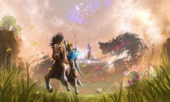 Image of Link mounted on his steed Epona, aiming and firing an arrow from his bow at an enemy