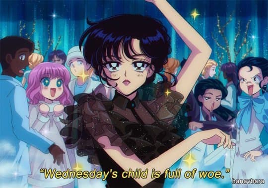 Wandinha em versão anime na cena de dança do baile.