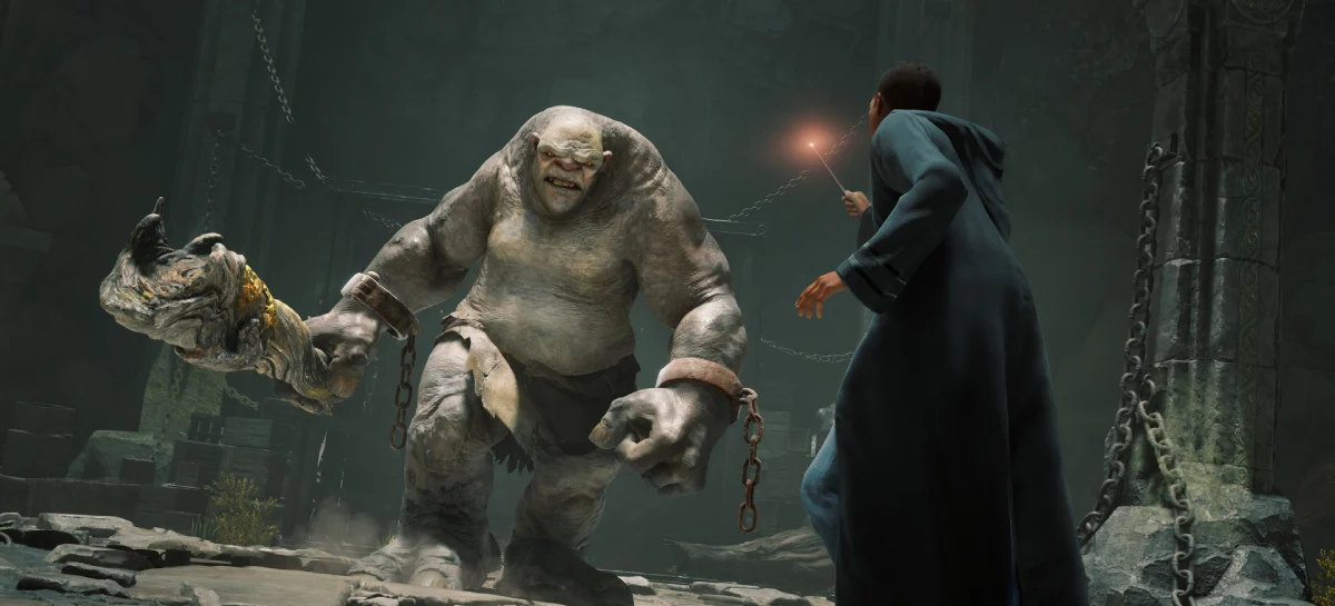 Wizard fighting Dungeon Troll in Hogwarts Legacy