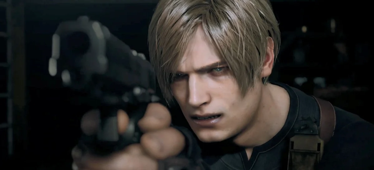 Leon apontando arma em cinematic de Resident Evil 4 Remake