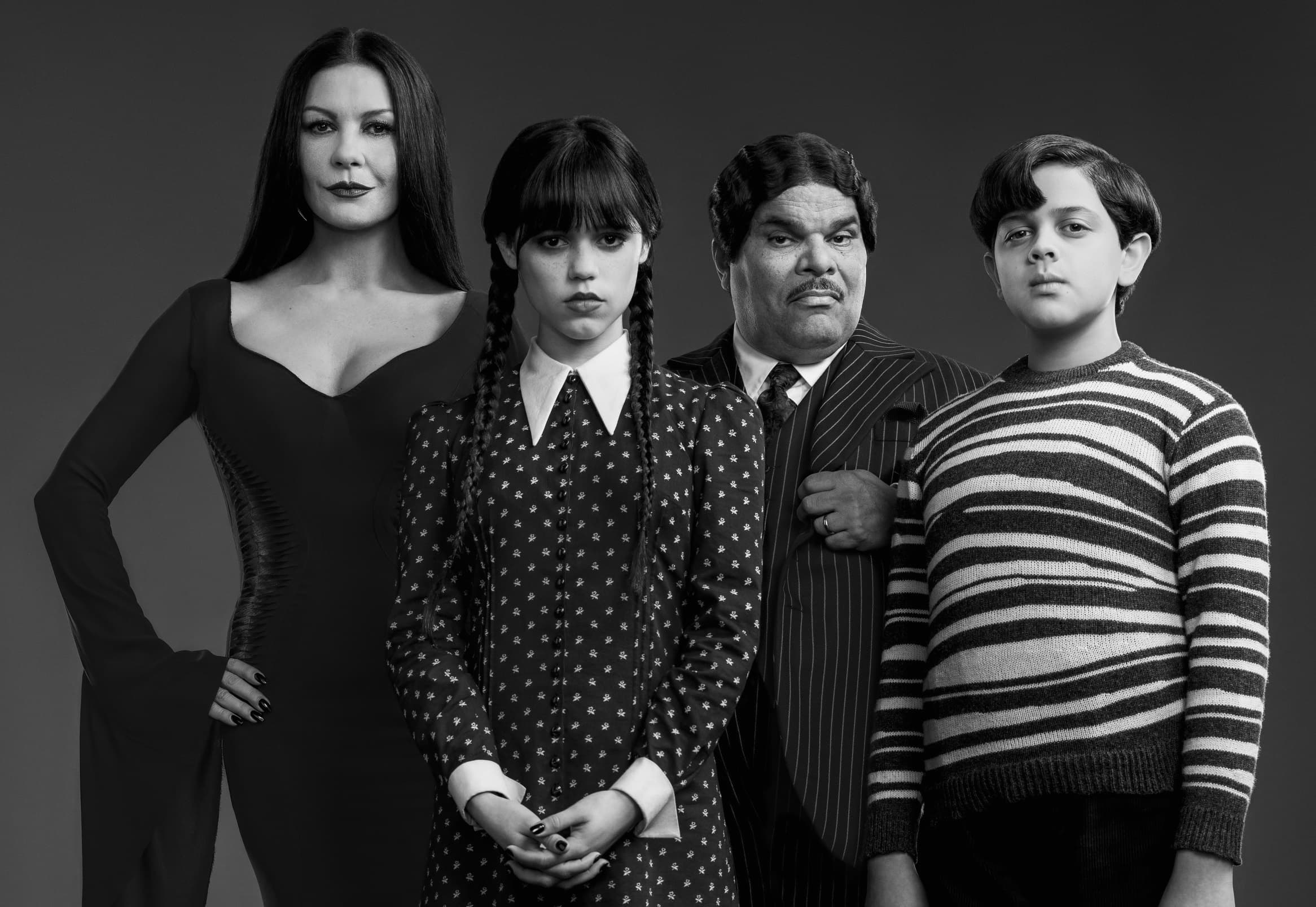 Banner de divulgação da série Wandinha na Netflix mostrando toda a família Addams