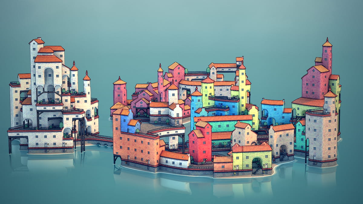 Uma cidade em alto mar no jogo Townscaper
