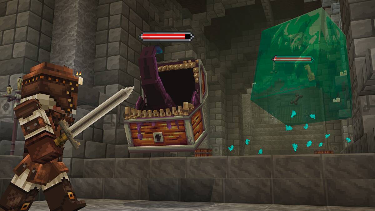 Imagem de um baú com boca e um personage com armadura e espada enfrentando no jogo minecraft