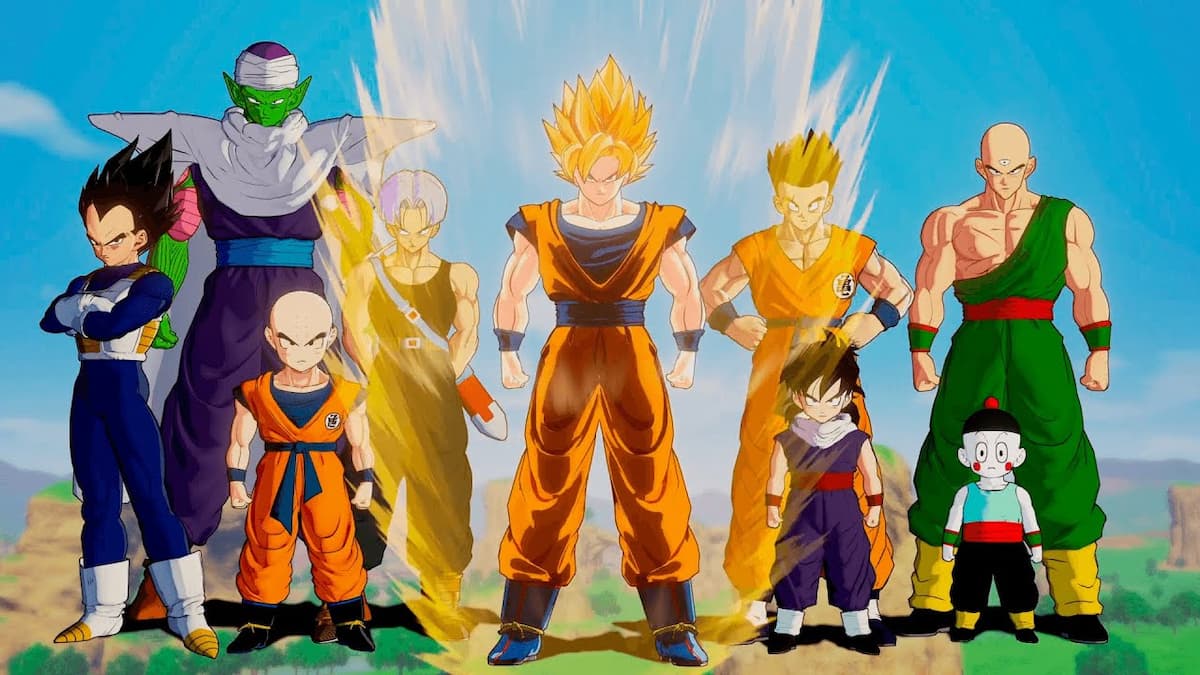 Personagens do desenho Dragon Ball Z. Goku está no centro, com sua transformação em Super Saiyajin ativada.