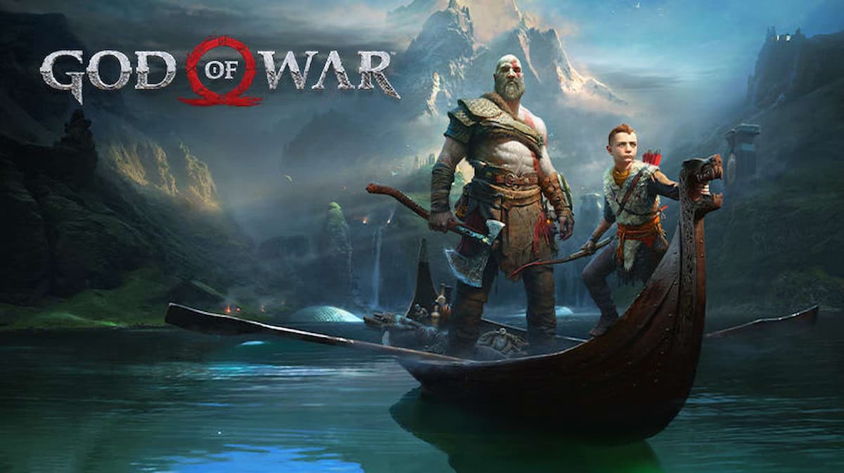 Deus Kratos do jogo God of War em uma canoa