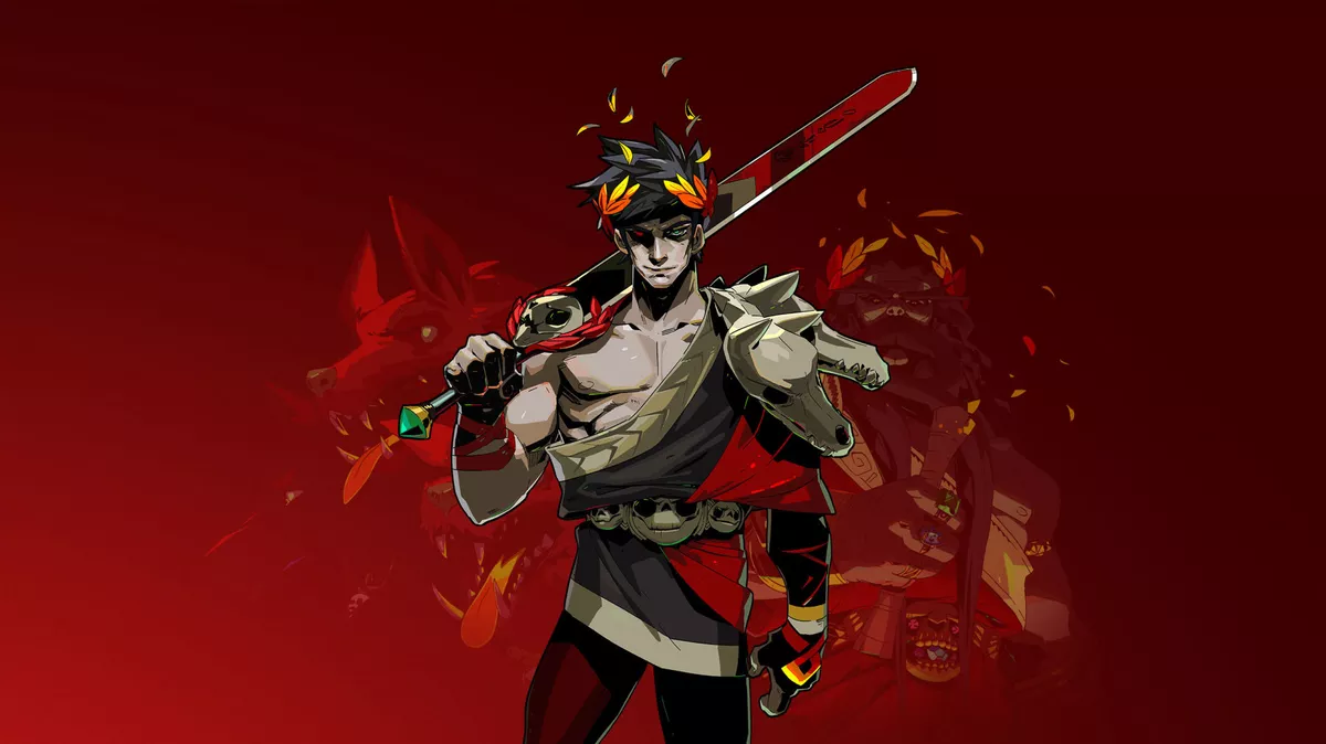 Banner de divulgação do jogo Hades, em que o protagonista está em pé, apoiando sua espada nos ombros.