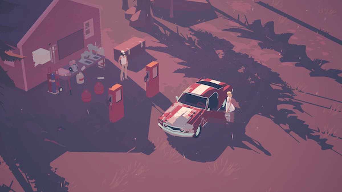 Imagem do jogo "Dead Static Drive", com um carros no posto de gasolina