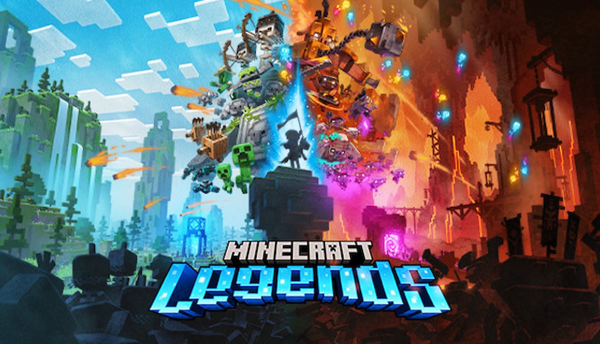 Imagem do Minecraft Legends com vários personagens no ar