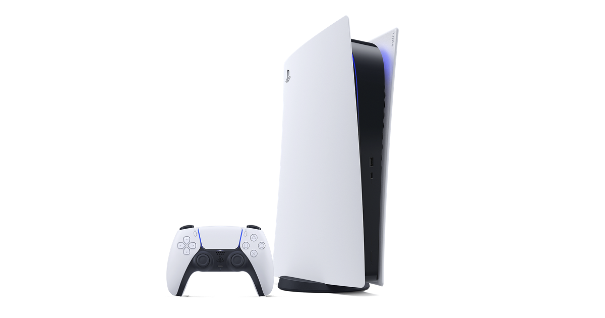 Imagem mostrando PlayStation 5 (PS5) em pé com controle ao lado.