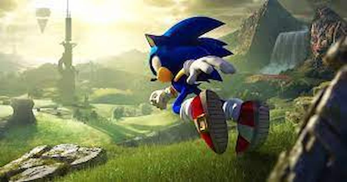 Personagem Sonic em uma paisagem de campo verde, voando.