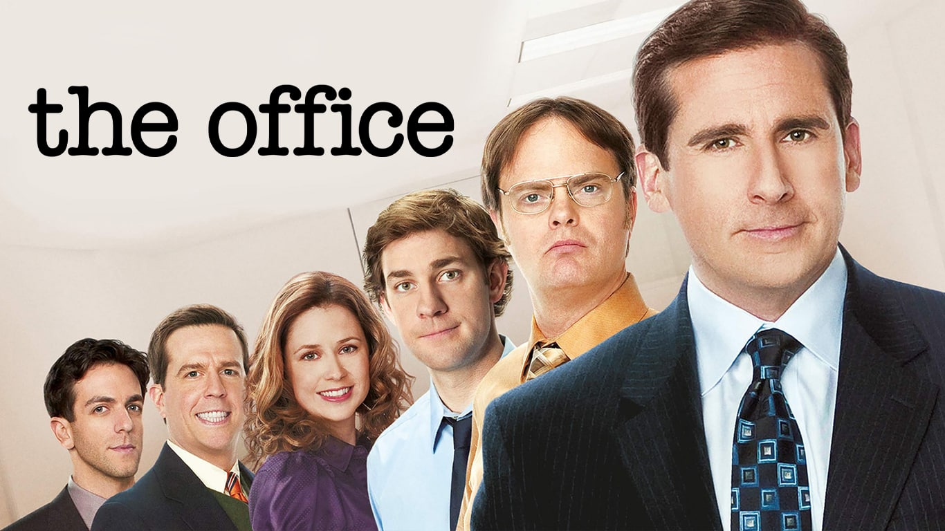 Banner de divulgação de The Office, com os personagens principais em fileira. Acima está o título da série.