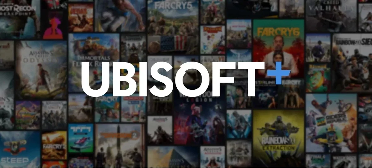 Banner de divulgação do serviços exclusivos da Ubisoft, com o nome da empresa ao centro e ao fundo imagens de diversas produções da marca.