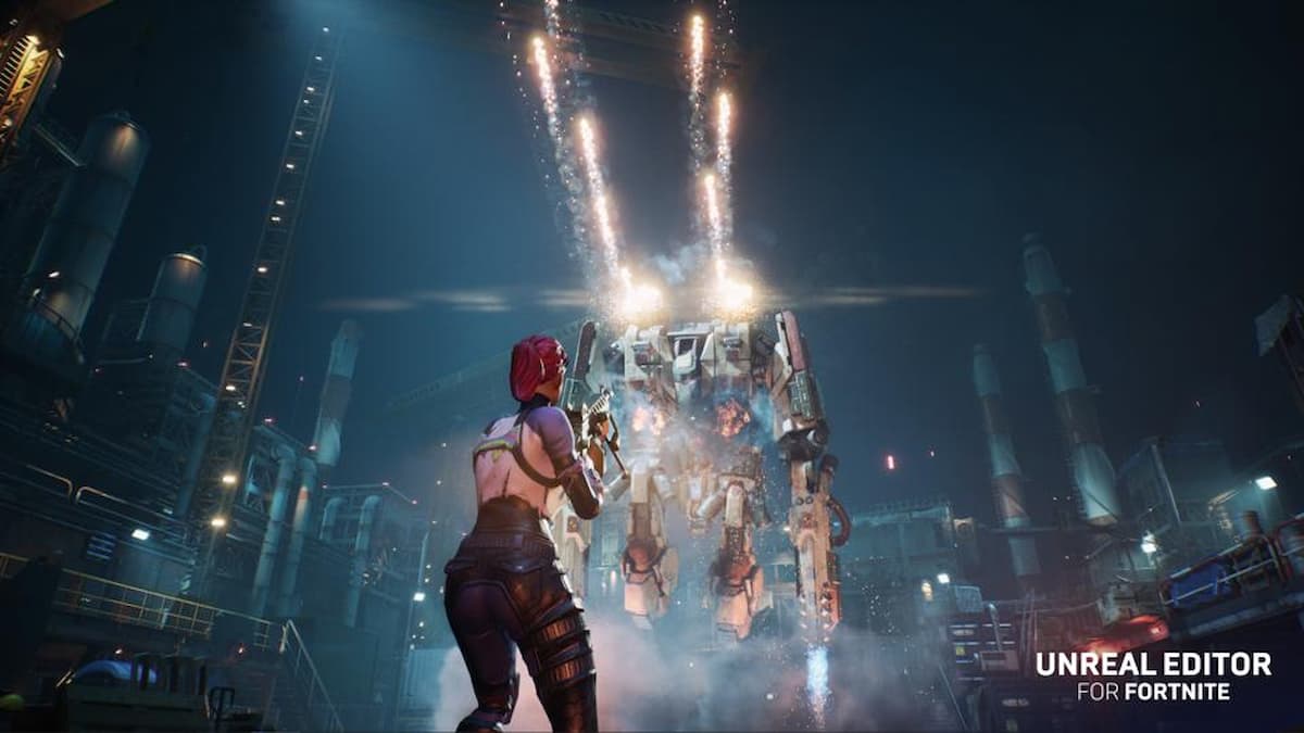 Personagem feminina do Fortnite no modo Unreal Editor em frente a um grande robô