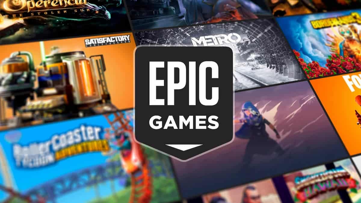 Logo da Epic Games Store e ao fundo a capa de alguns dos jogos disponíveis na plataforma.
