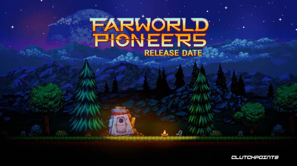 imagem do jogo farworld pioneers de uma fogueira ao lado de uma nave na floresta
