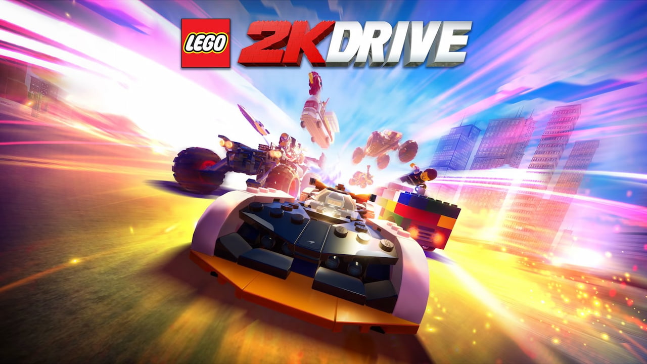 Imagem de capa do jogo LEGO 2K Drive, onde três carros estão lado a lado em alta velocidade.