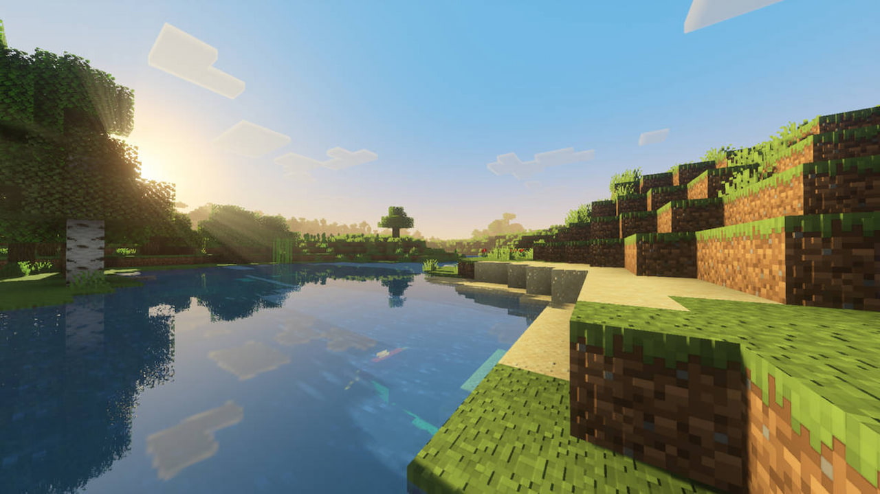 a imagem mostra a paisagem de um lago no jogo minecraft