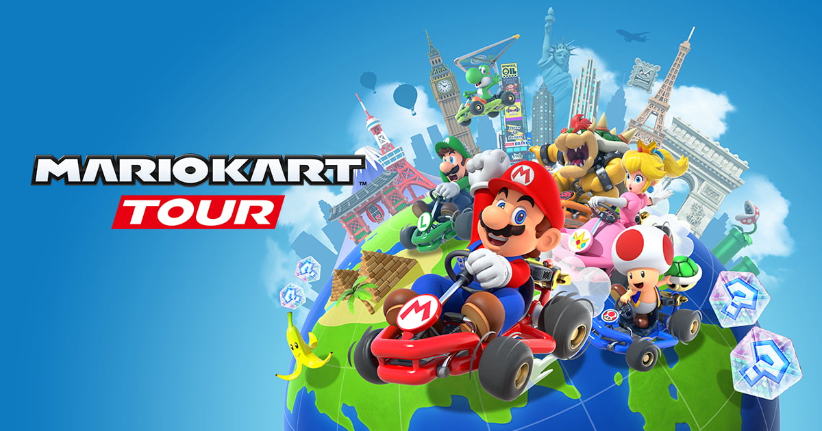 Imagem de capa do jogo Mario Kart Tour um dos spin-offs mobile citados, com o Mario em seu kart na frente do planeta do jogo.