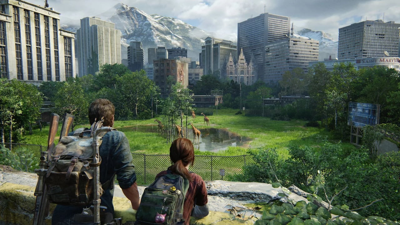 Banner de divulgação do jogo The Last of Us Part I no encontro de Ellie com as girafas