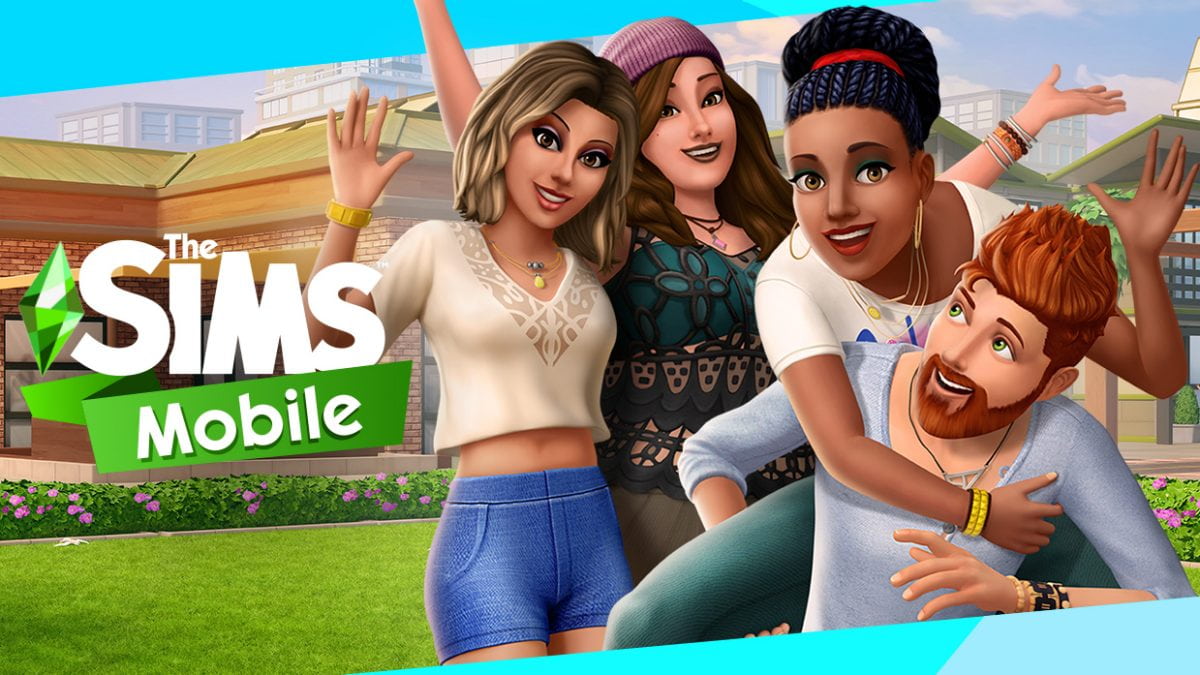 A imagem mostra a capa do jogo The Sims Mobile, com avatares do jogo se abraçando.