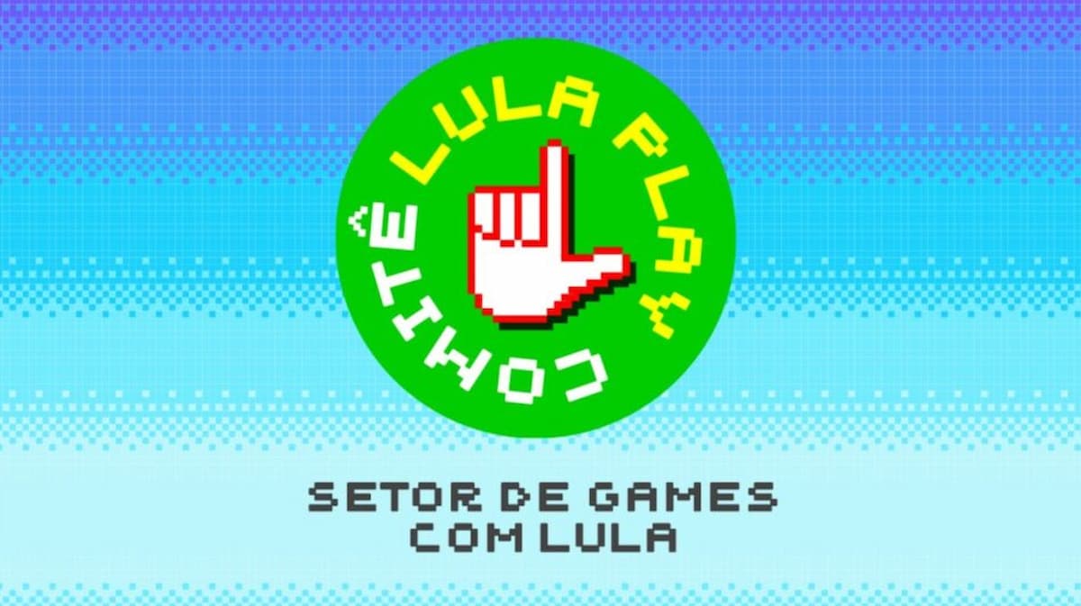 Mão em L pixelizada e frase Lula Play setor de games com lula