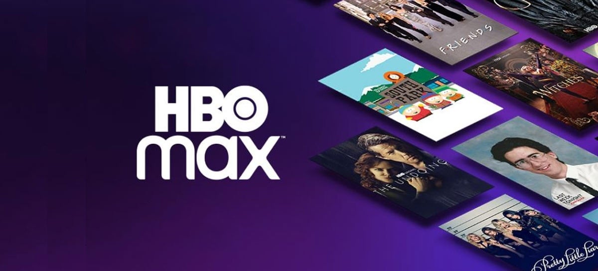 Banner de divulgação da plataforma da HBO Max. O nome do streaming está à direita e à esquerda há pôsteres das produções visuais disponíveis na plataforma.