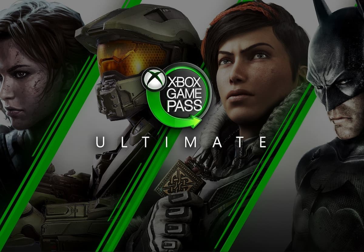 Banner de divulgação do serviço da Xbox Game Pass Ultimate. Ao fungo há personagens de jogos.